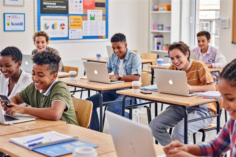 Students enjoying interactive learning activities on laptops, similar to virtual meeting games in a classroom setting.