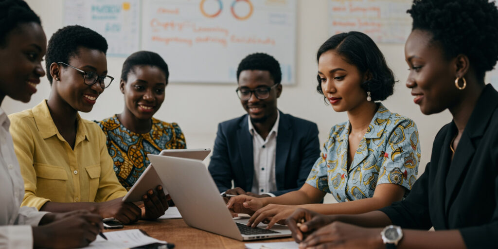Young professionals collaborating in a study group using laptops and tablets to access online courses, training modules, and resources provided by an LMS system.