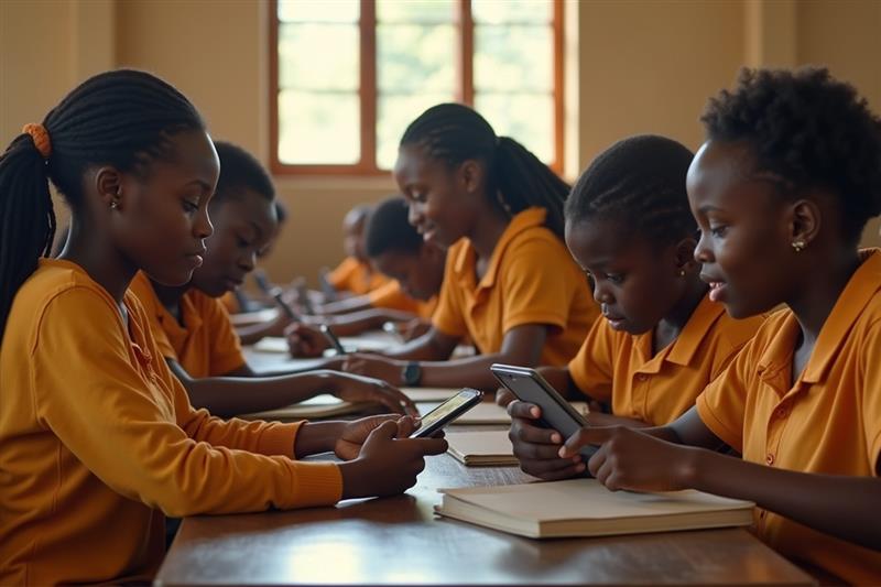 School students using mobile devices to access learning through LMS in a classroom.