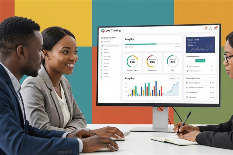 Professionals in a meeting analyzing LMS training analytics on a computer screen with charts showing engagement, completion rates, upcoming webinars, and learner performance metrics.