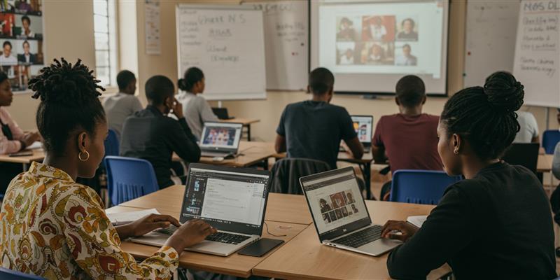 Students attending a hybrid classroom session using the best LMS platforms for online and offline learning.