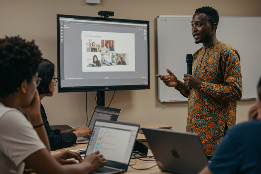 Instructor guiding students in a blended learning environment supported by the best LMS platforms.
