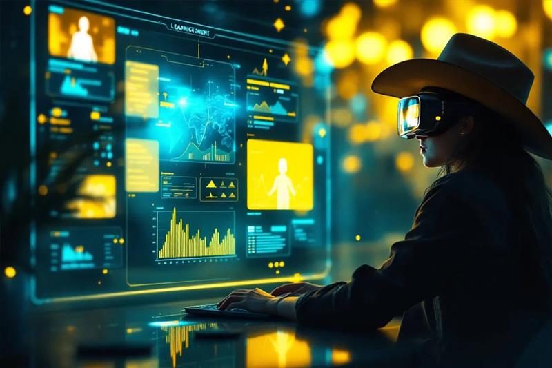 Student exploring data insights on a virtual reality interface while using the best LMS platforms for digital learning.
