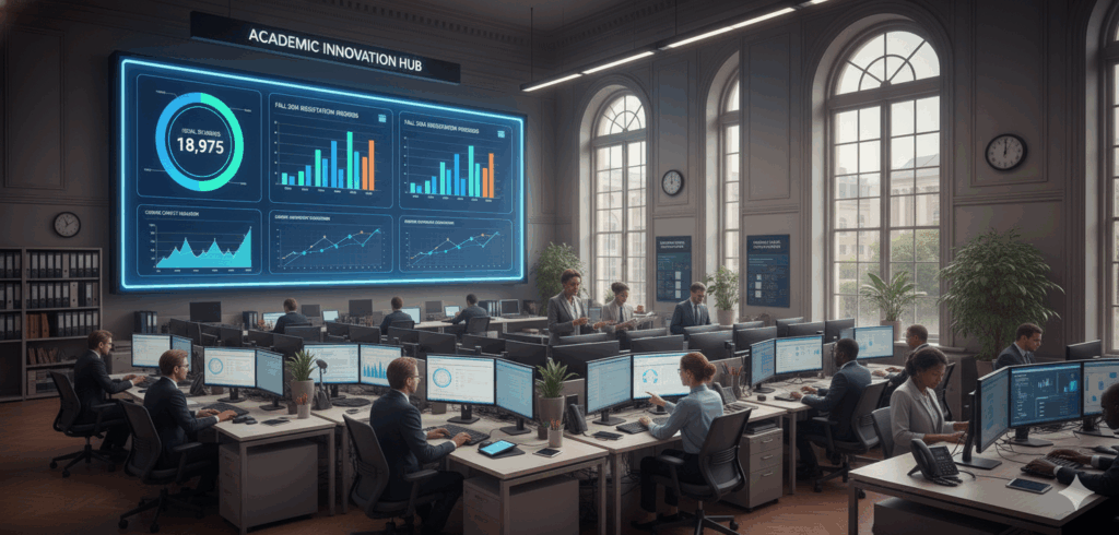 Professionals analyzing data and performance metrics for managing large online courses in an academic innovation hub