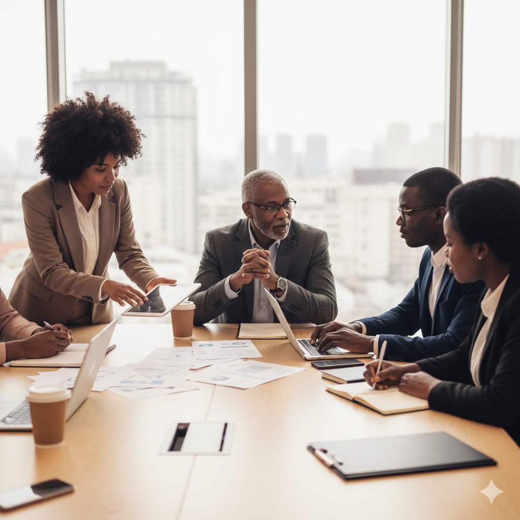 A collaborative session between instructors and administrators planning course delivery, with laptops, tablets, and paperwork on the table.
