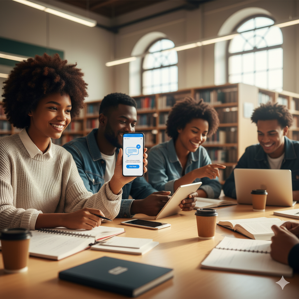 Students collaborating with mobile apps and digital tools for managing large online courses in a library setting.
