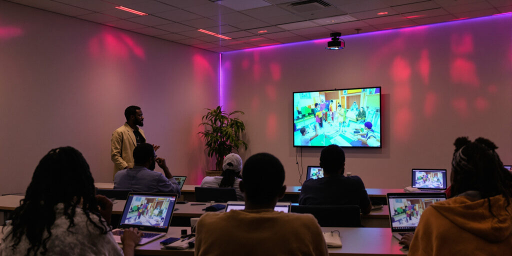University students in a tech-enabled classroom learning through affordable online courses