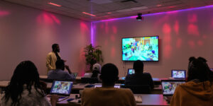 University students in a tech-enabled classroom learning through affordable online courses