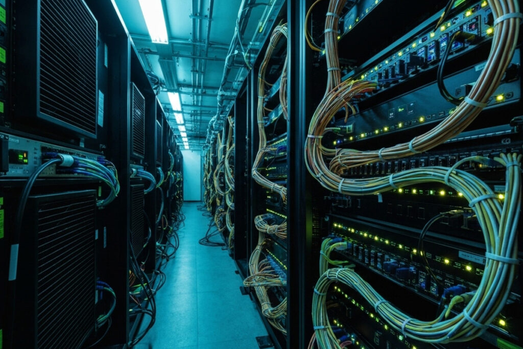 Data servers and network cables supporting cloud systems for managing large online courses efficiently.