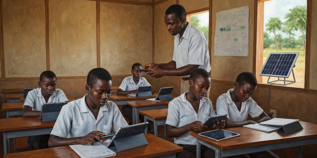 Teacher guiding students using tablets in a solar-powered classroom, highlighting sustainable EdTech solutions improving education in developing regions.