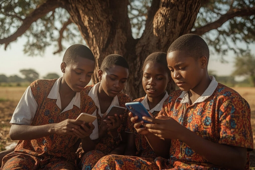Group of students learning together outdoors using smartphones, demonstrating how EdTech enables mobile learning and digital access in remote areas.