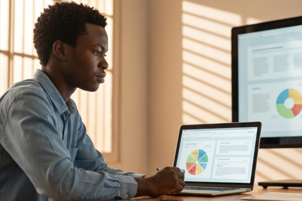 Student using a laptop for online learning, with digital charts on the screen, symbolizing the role of EdTech in data-driven and personalized education.