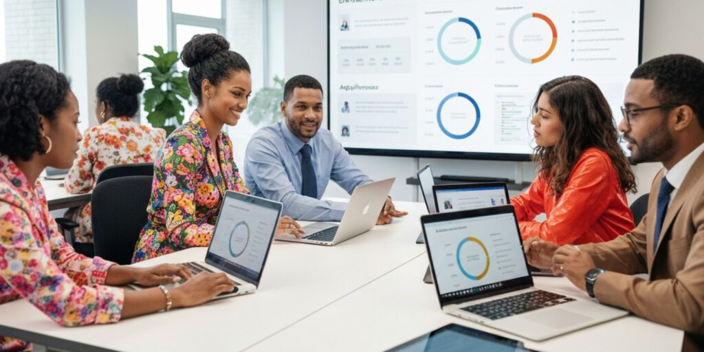 Team analyzing data reports on laptops to automate student enrollment using digital tools and workflow automation in an educational institution meeting room.