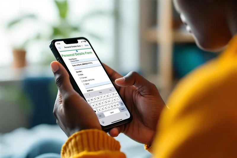 Student filling out a personal details form on a smartphone as part of a digital process to automate student enrollment.
