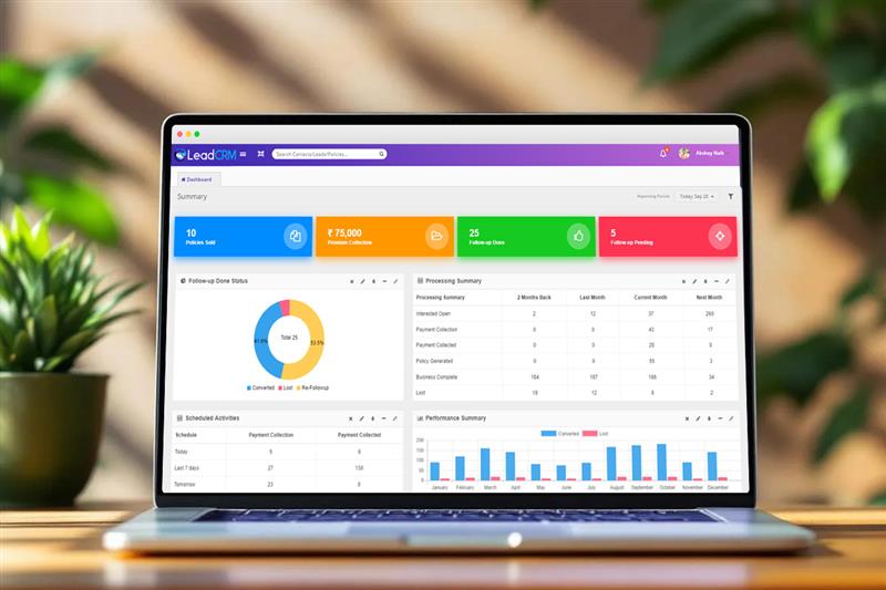 CRM dashboard on a laptop displaying analytics and performance metrics used to automate student enrollment and track admissions progress.