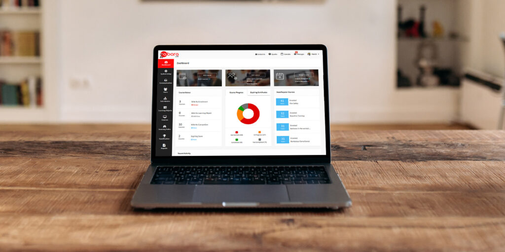 Laptop showing a learning management system dashboard with course progress and reports, representing data analysis in LMS for tracking learner performance.
