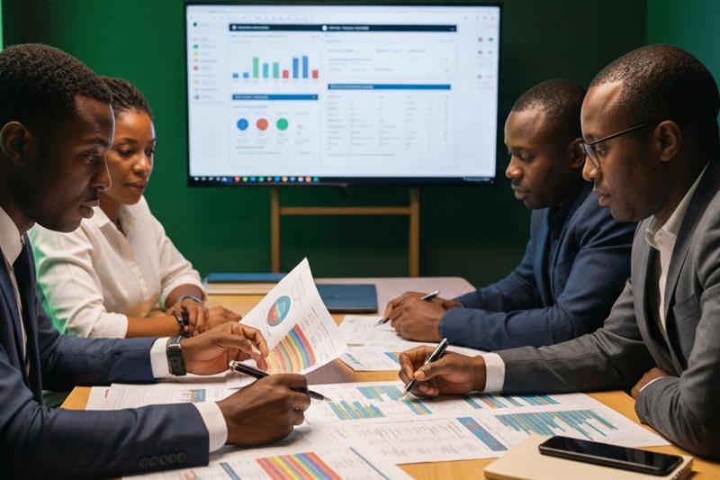 Team of professionals analyzing reports and LMS dashboard data to improve learner performance through data analysis in LMS platforms.
