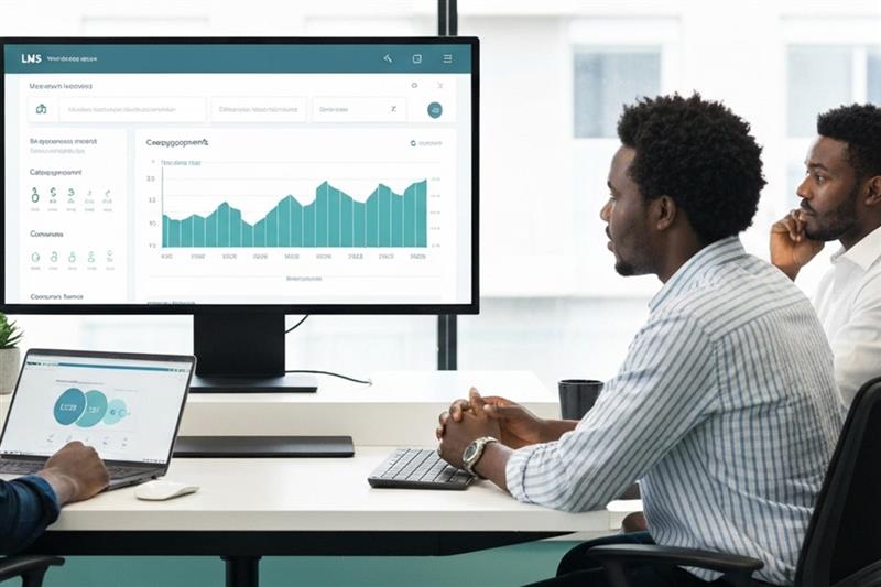 Team of professionals reviewing charts and graphs on a large monitor during a meeting, demonstrating real-time data analysis in LMS for improving learner engagement.
