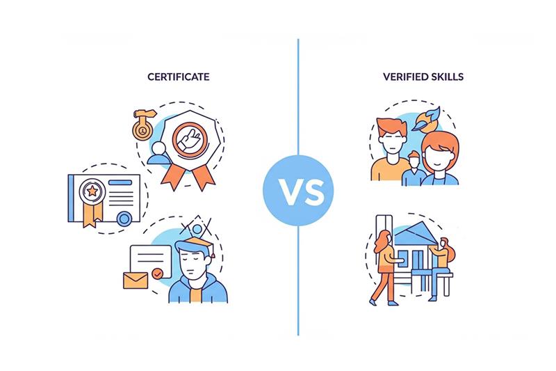 Comparison between certificates and verified skills showing the importance of practical skill verification in online learning.
