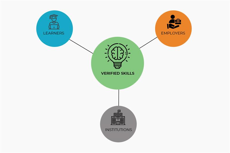 Online learning ecosystem showing connection between learners, employers, and institutions through verified skills and digital skill verification process.
