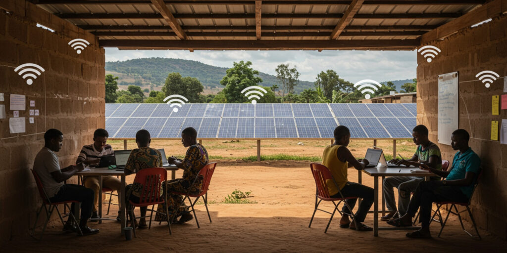 African students attending an online class in a shared community space powered by solar energy, with laptops and mobile devices connected to Wi-Fi, symbolizing connectivity and learning access.