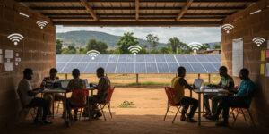 African students attending an online class in a shared community space powered by solar energy, with laptops and mobile devices connected to Wi-Fi, symbolizing connectivity and learning access.