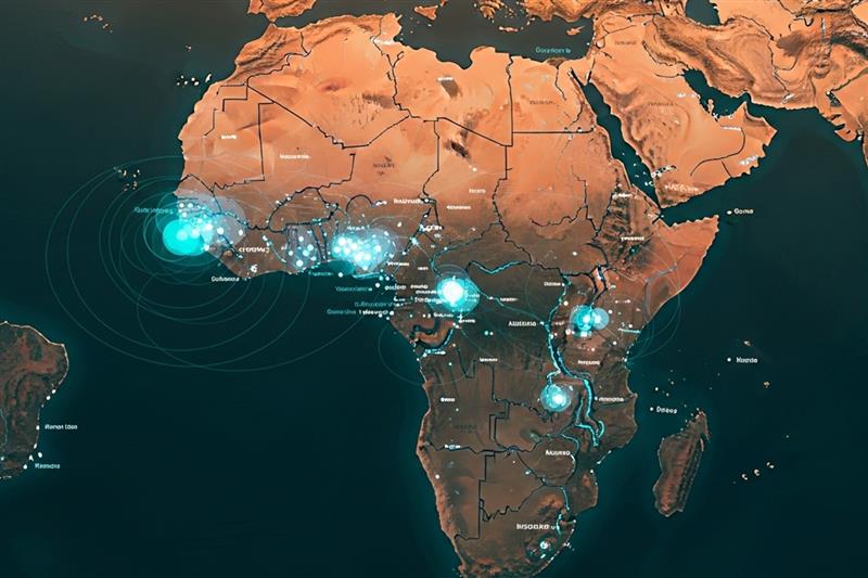 Map of Africa showing internet connectivity hotspots and coverage gaps with data visuals representing rural and urban access differences. 