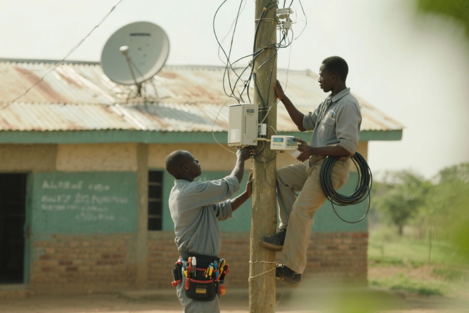 Telecom technicians installing wireless equipment and routers in a rural school, showing efforts to improve digital infrastructure. 