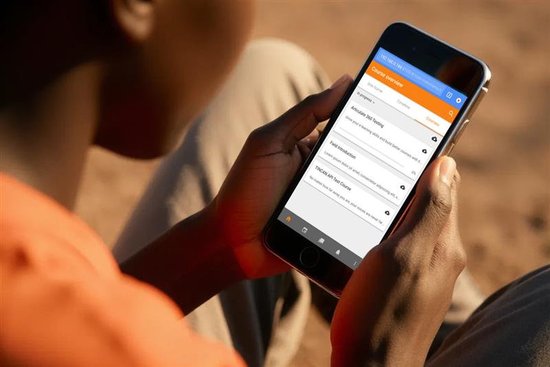 Student using an offline LMS on a smartphone with downloadable lessons visible on the screen, sitting in an outdoor environment with limited connectivity. 