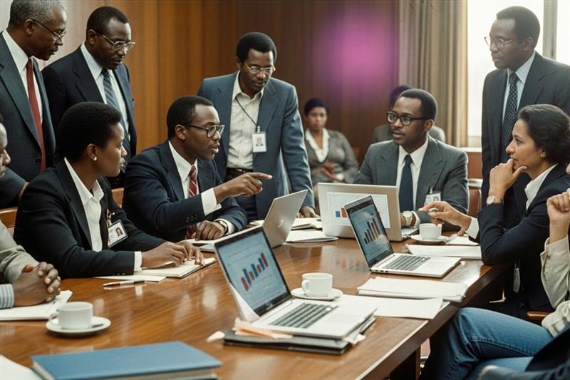 Partnership meeting between government officials, telecom representatives, and NGO leaders discussing digital access initiatives with charts and laptops on the table. 