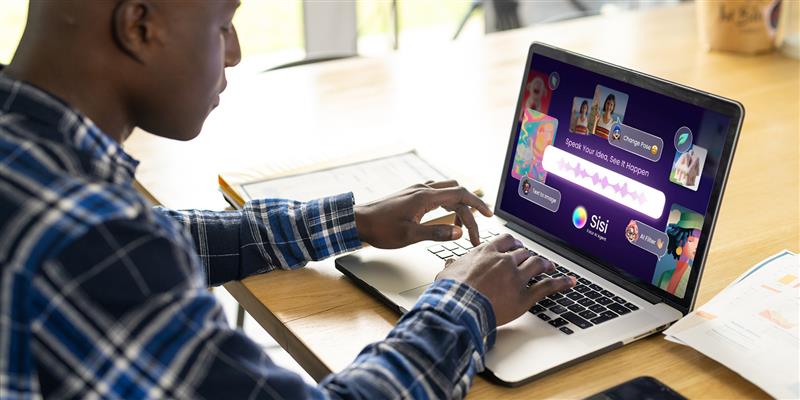 An African university student studying online with an AI-powered virtual assistant displayed on a laptop screen, offering personalized study recommendations in real time.