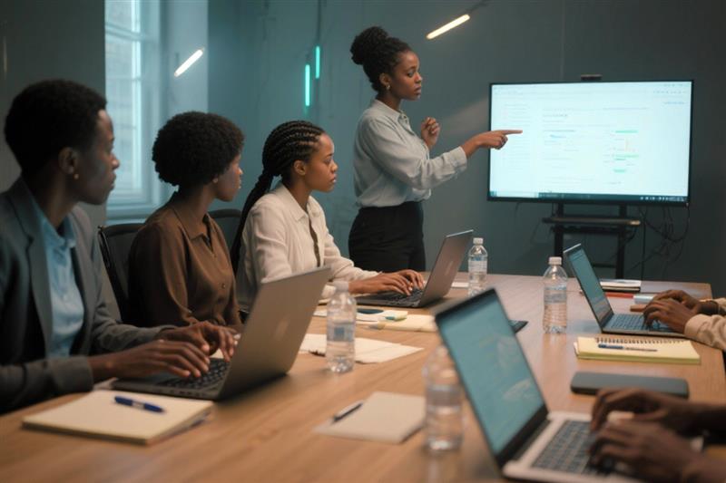 Staff training session with faculty using laptops to navigate integrated LMS-CRM system, diverse university environment, realistic style. 
