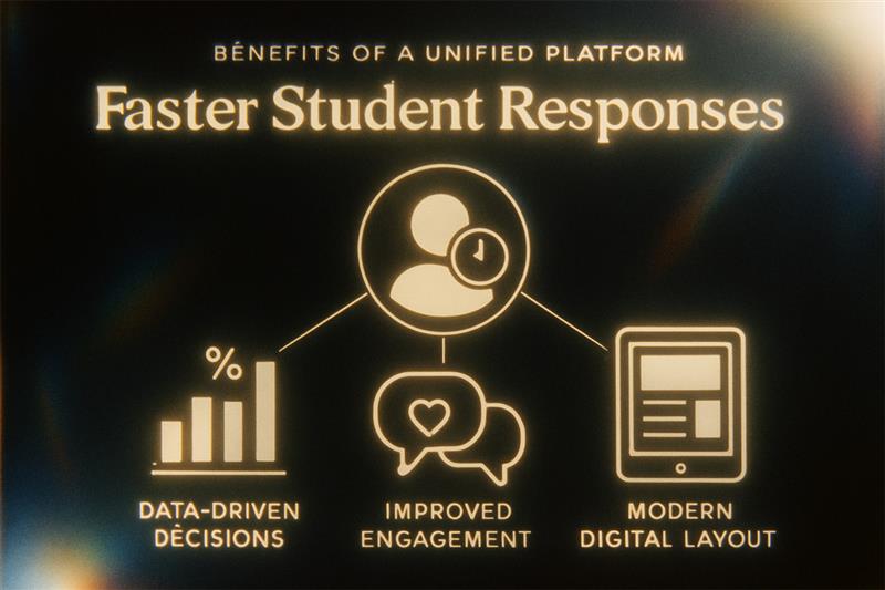 Infographic-style image showing benefits of unified platform: faster student responses, data-driven decisions, improved engagement, modern digital layout
