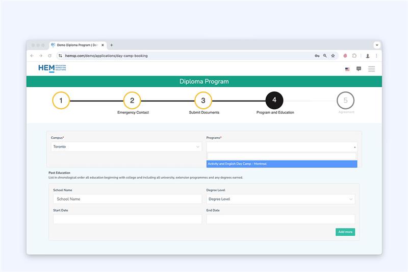 A diploma program form showing step-by-step application flow inside an apply portal for universities.