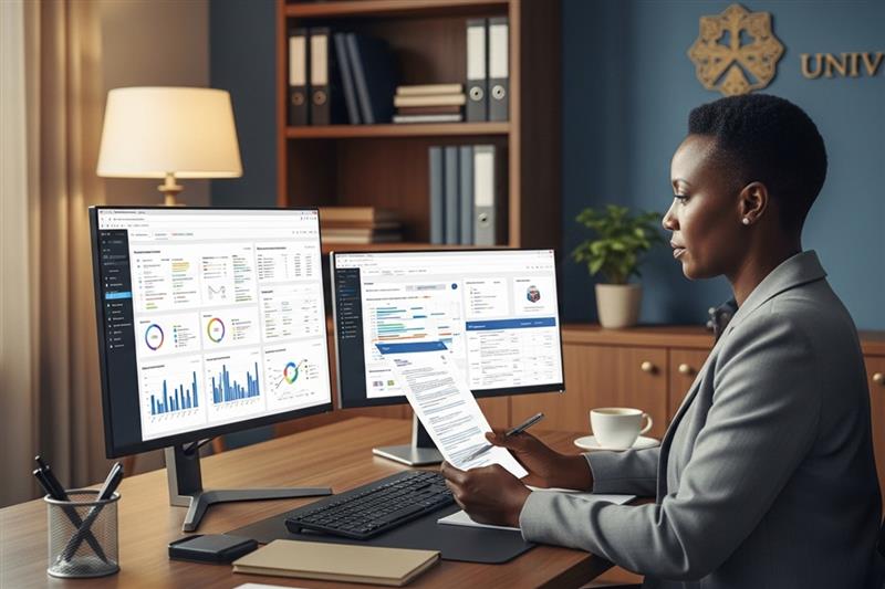 A university staff member reviewing student applications on dual screens inside an apply portal for universities.