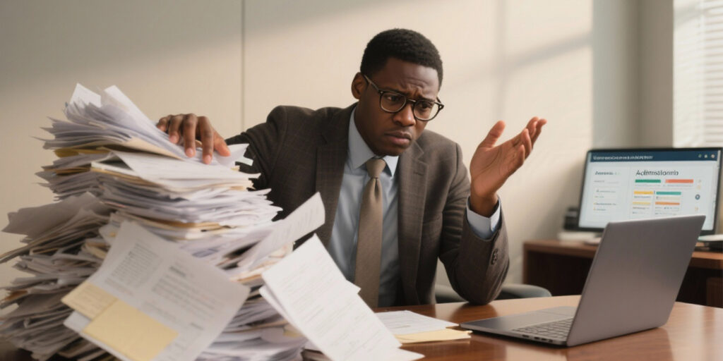 A stressed admissions officer sitting beside a large pile of paperwork while a laptop screen shows an online admissions dashboard, contrasting manual work with a digital admission system.