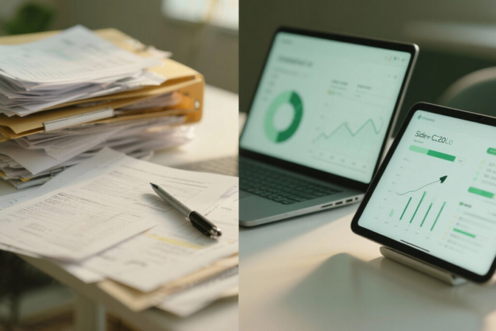 A split-screen view comparing stacks of paper documents with clean digital dashboards on a laptop and tablet, showing how a digital admission system replaces manual workflows.