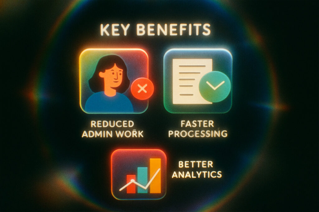 A visual graphic showing key benefits of a digital admission system, including reduced admin work, faster processing and better analytics, highlighted with icons for clarity.
