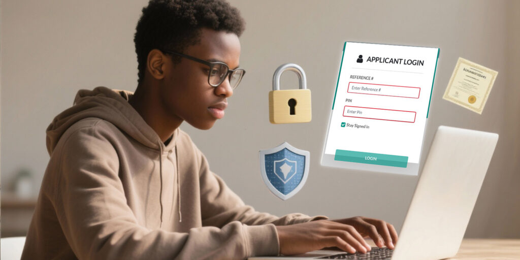 Student logging in with digital lock and shield icons student accessing a secure online admissions portal with protected login, PIN verification, and encrypted access