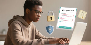Student logging in with digital lock and shield icons student accessing a secure online admissions portal with protected login, PIN verification, and encrypted access