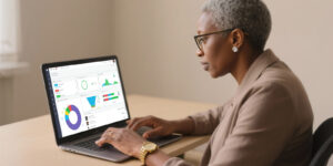 Staff member analyzing dashboards and student performance data on a laptop, highlighting how CRM in higher education supports data-driven decisions and student lifecycle management.