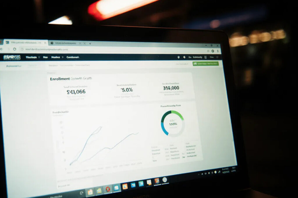 Dashboard displaying enrollment growth, student satisfaction scores, and reduced follow-up times, modern digital interface. 
