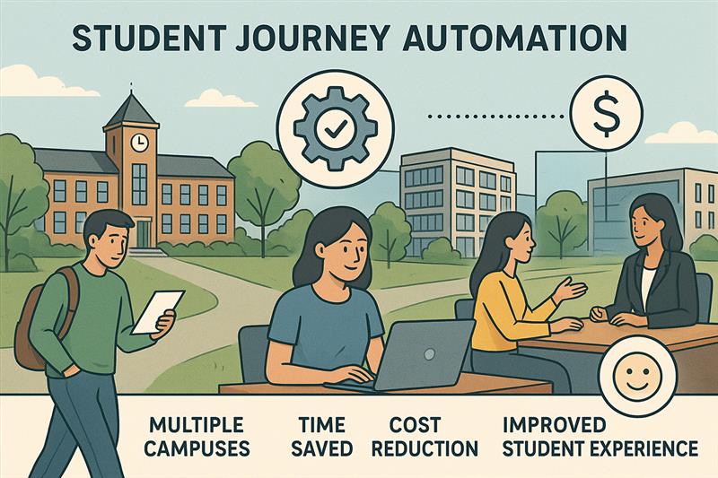 Visual showing the impact of student journey automation on multiple campuses, time saved, cost reduction, and improved student experience, realistic illustration. 