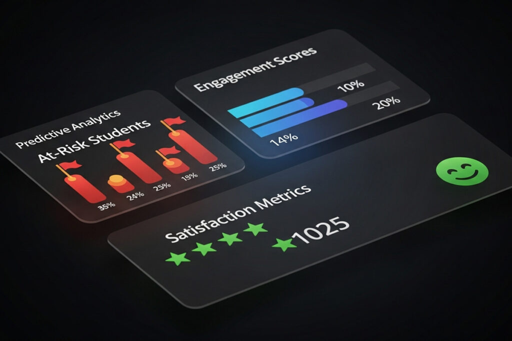 Learning analytics dashboard showing student engagement rates, satisfaction scores, and at-risk learner tracking used to improve outcomes in virtual education
