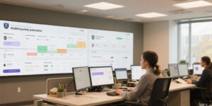 Student journey automation dashboard displayed in a university operations center where staff track admissions, documents, and enrollment status in real time.