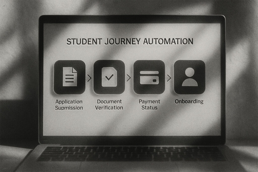 Student journey automation workflow showing application submission, document verification, payment status, and onboarding steps on a university system screen.
