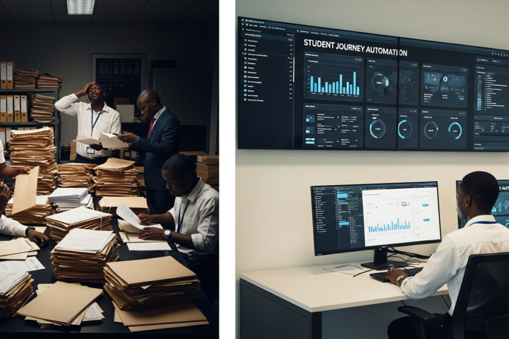 University staff managing large stacks of paper files before student journey automation reduced document backlogs and manual admission delays.
