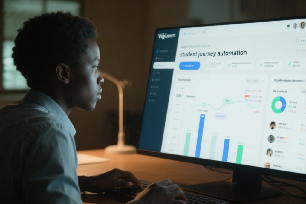 University team member reviewing student journey automation performance charts and enrollment progress using a centralized digital dashboard.
