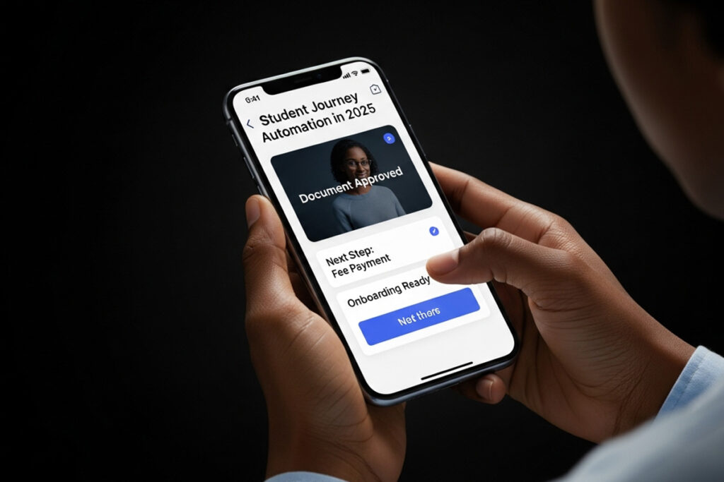 Student journey automation mobile interface showing document approval, next step fee payment, and digital onboarding updates for students.
