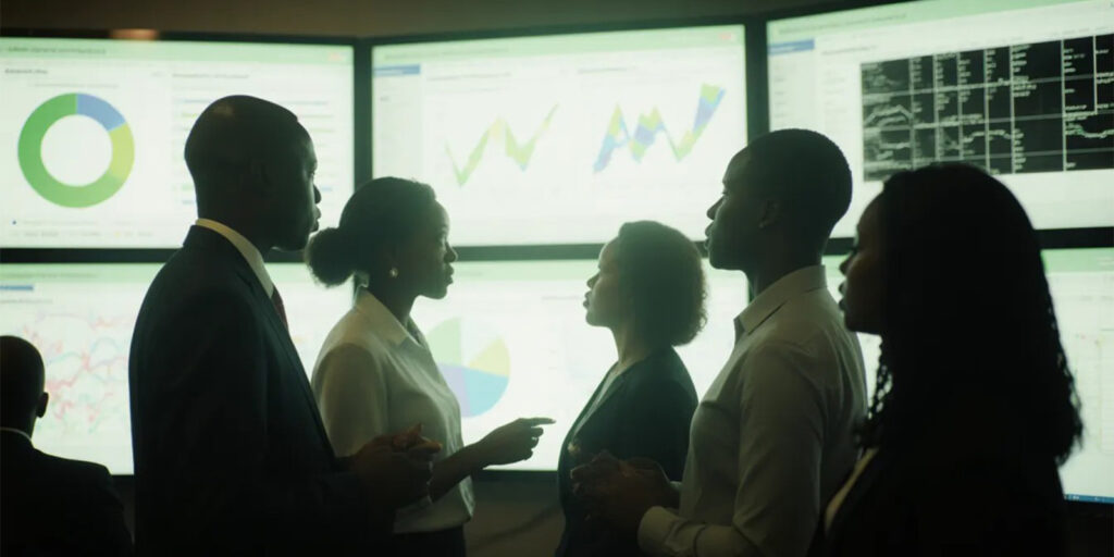 University team discussing insights in front of large analytics screens, showing decision-making powered by a student information system for higher education.
